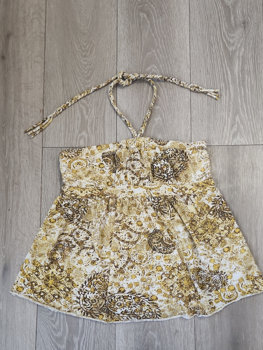 Vintage Boho Y2K Gold Paisley Braided Halter Babydoll Top M Indie Sleaze